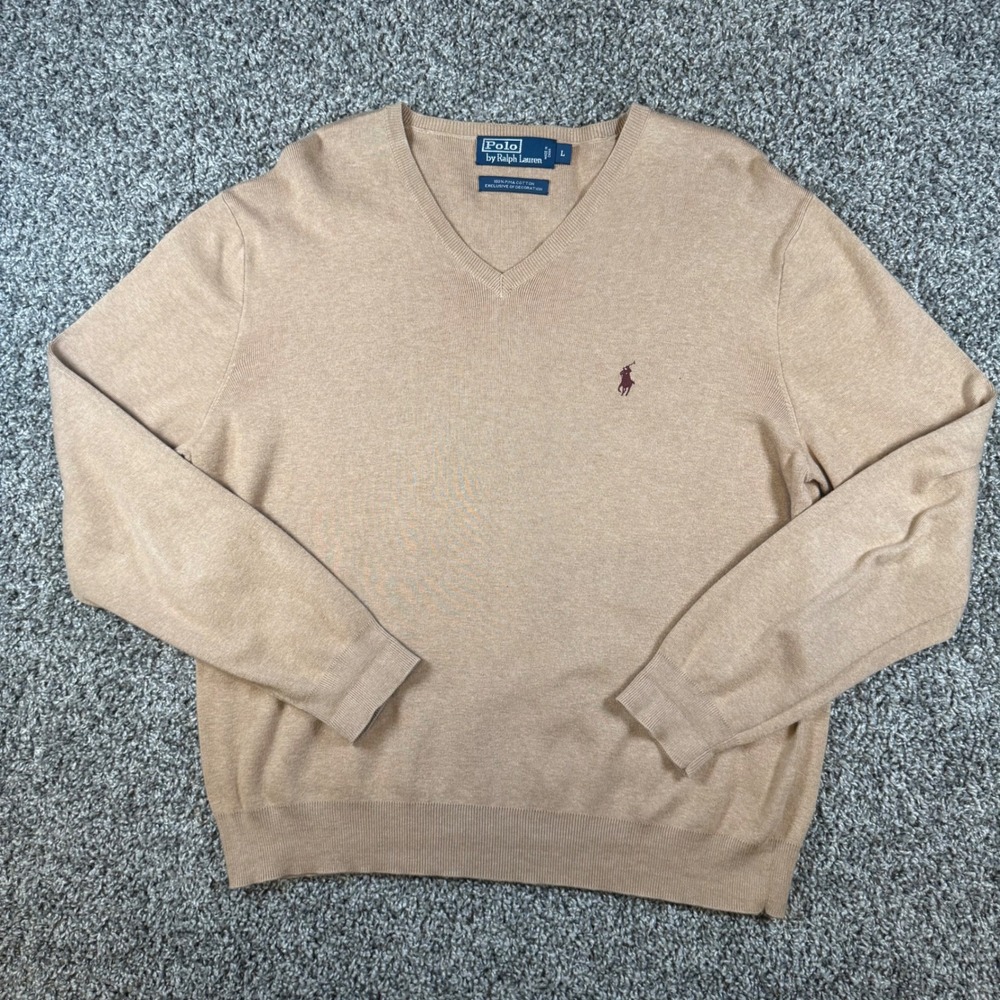 Polo Ralph Lauren V-Neck Men L Tan Pima Cotton Pony Logo Preppy Sweater